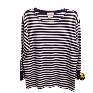 NAVY BLUE and White stripes LARGE Long sleeve  COTTON top Pit to PIt 22" Preworn